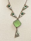 Vintage Art Deco Green Czech Glass Pendant W  Enamel Brass Necklace Choker
