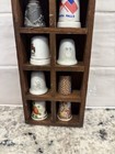 Lot Of 10 Collectible Sewing Thimbles With Wooden Wall Display Rack Case