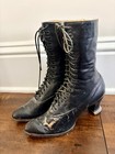 Antique Victorian Edwardian Tall Boots Womens Black Leather Lace Up 1890s 10  H