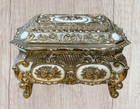 Vintage Footed Ornate Gold Tone White Metal Trinket Jewelry Box Japan Flower