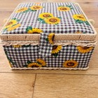 Vintage Azar Sunflower Gingham Sewing Basket Wicker Handle Craft Organizer Box
