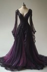 Gothic Wedding Dresses Long Sleeves V Neck Lace Appliques Ruffles Bridal Gowns
