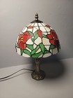 Vintage Tiffany Style Stained Glass Table Lamp Red  Green Shade W metal Stand