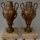 Pair French Art Nouveau Bronze Spelter Urns C1900 On Marble Bases Garnitures