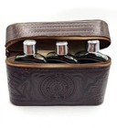 Vintage Travel Bar With 3 Flasks In Leather Case With Indian Head
