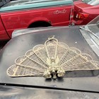 Vintage Victorian Metal Brass Finish Folding Peacock Fan Fireplace Screen 37 