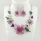 Earrings Necklace Elegant Jewelry Set Pink Flower Green Leaves Fashion Party New