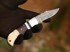 Hand Forged Damascus Steel Pocket Knife Folding Edc Knife Bone Handle W  Pouch