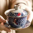 130ml Chinese Blue And White Ceramic Handpainted Fish Gaiwan Tea Tureen Teaware