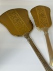Vtg Handheld Vanity Mirror   Brush Set Gold-toned Floral Ornate Design Hollywood