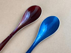 Pair Vtg Mcm J  Tostrup Norway Blue Red Enamel Sterling Silver Spoons 5 7 8  