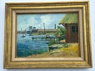 Antique Painting Impressionism Regionalism Marina Nautical Port Boat Dock Old