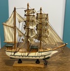 Vintage Wooden Model Sailing Ship Tall Clipper Boat Cloth Sails Nautical Decor