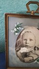 Vtg antique Baby In Wicker Crib Photo In Metal Hand Painted Frame Traveling Size