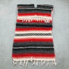 Vintage Mexican Poncho One Size Red White Black Serape Blanket Fringe Knit