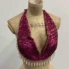 Vintage Showgirl Magenta Sequin Halter Bra Top W  Pearl Fringe     Stage Costume