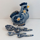 Temptations By Tara Old World Blue Chicken Hen Measuring Spoon Holder