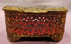 Vtg Brass Jewelry Casket Box Filigree Beveled Glass Red Velvet