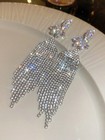 Silver Crystal Flower Tassel Dangle Earrings One Size