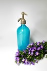 French Antique Lyon Blue Glass Seltzer Bottle With Metal Siphon