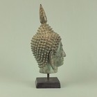 Antique Burmese Bronze Buddha Head With Wooden Base 19thc