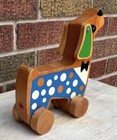 Vintage Wooden Dog With Bow Tie Pull Toy - All Wood  Wooden Wheels And Ears Turn