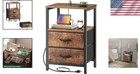 Rustic Brown Nightstand W  Usb Charging Station  2 Fabric Drawers  Open Shelf
