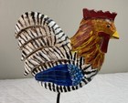 Folk Art Rooster Figurine  Wood  Hand Carved  Hand Painted  On Base