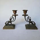 Antique Pair 19th Century French Figural Greyhound   Whippet Candlesticks Brass