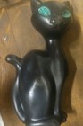 Vintage Pair Sleek Black Ceramic Cat Figures W Green Glitter Eyes