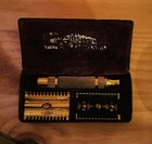 Antique Vintage Gillette Gold Tone Safety Razor In Travel Case With Extra Blades