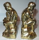 Vintage Cast Metal Bookends Man Boy Reading Book Thinking Pair Gold Brass Look