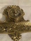Antique Ornate Brass Inkwell W hinged Lid   Original Glass Insert - England