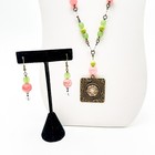 Repurposed Jewelry Necklace Earring Set Pink Green Handmade Gold Tone 32 