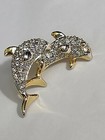 Dolphins Lapel Pin Swimming Sparkly Faux Jewels Gold Color Metal 