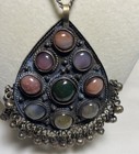 Large Antique Indian Hindu Silver Amulet  Pendant Tribal Jewelry W chain  Stones