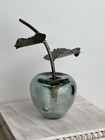 Vtg Smokey Blue Hand Blown Art Glass Apple Metal Stem Leaves 7 5    Tall Pretty f 