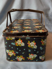 Large Vintage Floral Enameled Tin Rectangle Basket W Handle W Hinged Lid