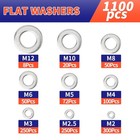 1100-pcs 304 Stainless Steel Flat Washer Assortment Kit M2   m12 For Screws