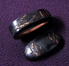 Japanese Shakudo Fuchi Kashira Signed Nara Gold Inlay Edo Period Antique Boxed