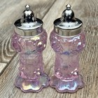 Fenton Cabbage Rose Pink Purple Carnival Glass Salt   Pepper Shaker Set