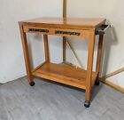 Vintage Mid Century Modern 2-tier Solid Wood Rolling Bar Kitchen Serving Cart R2