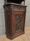 Antique Gothic Revival Oak Cabinet With Carved Door And Open Display Shelf