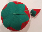 Red Fabric Tomato Pin Cushion W green Stripes   Attached Strawberry New Unused