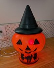 Vintage Halloween Plastic Blow Mold Pumpkin Jack-o-lantern In Witch Hat Bat Cat
