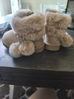 Girls Beige Suede Ankle Booties Round Toe Faux Fur Trim Pom-poms Us 5 M