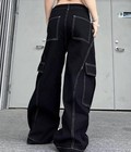 Womens Black Denim Cotton Jeans Straight Wide Leg Casual Pants Hippie Motorcycle