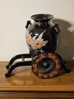 Japanese Double Handled Black Floral Vase W plastic Art Deco Style Cart 1990s