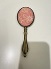 Vintage Brass Handle Hand Vanity Mirror Ornate Pink Tapestry Victorian 8   