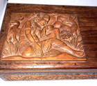 Vintage Oriental Ebony Wood Carved Trinket Box Lid Person Deer Flowers 7 X 4 X 2